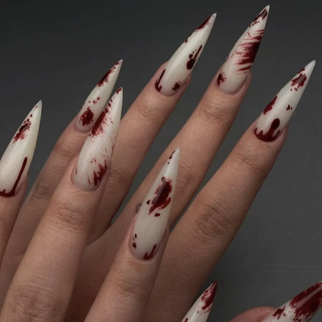 24Pcs Long pointed Halloween False Nails White Irregular Flame Stripes Nail Art Fake Nail Stickers For Women and Girls