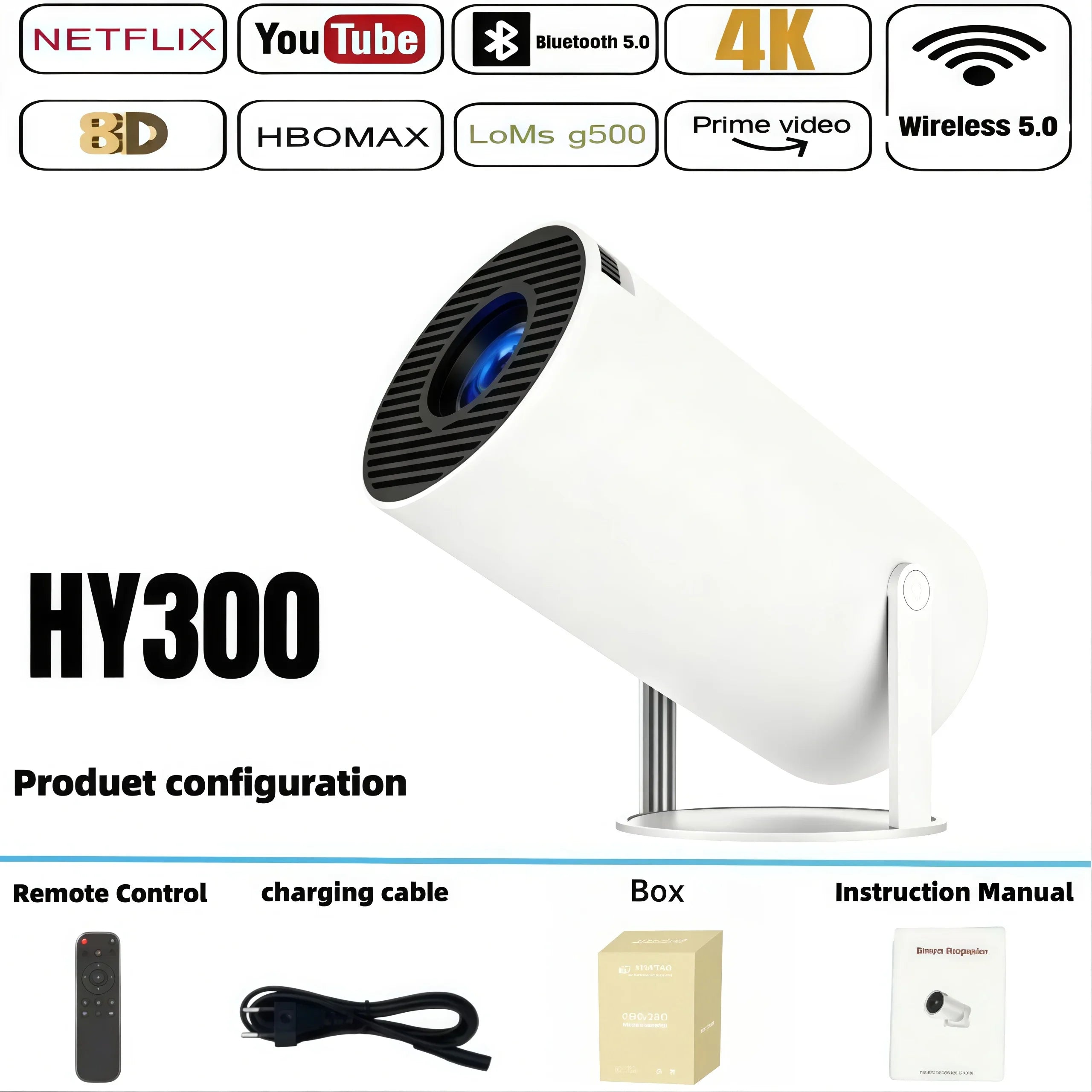 2026 New HY300 Projector with WiFi6 & BT5.0, Portable Beamer 1080P/4K Support Auto Keystone Smart Android Proyector