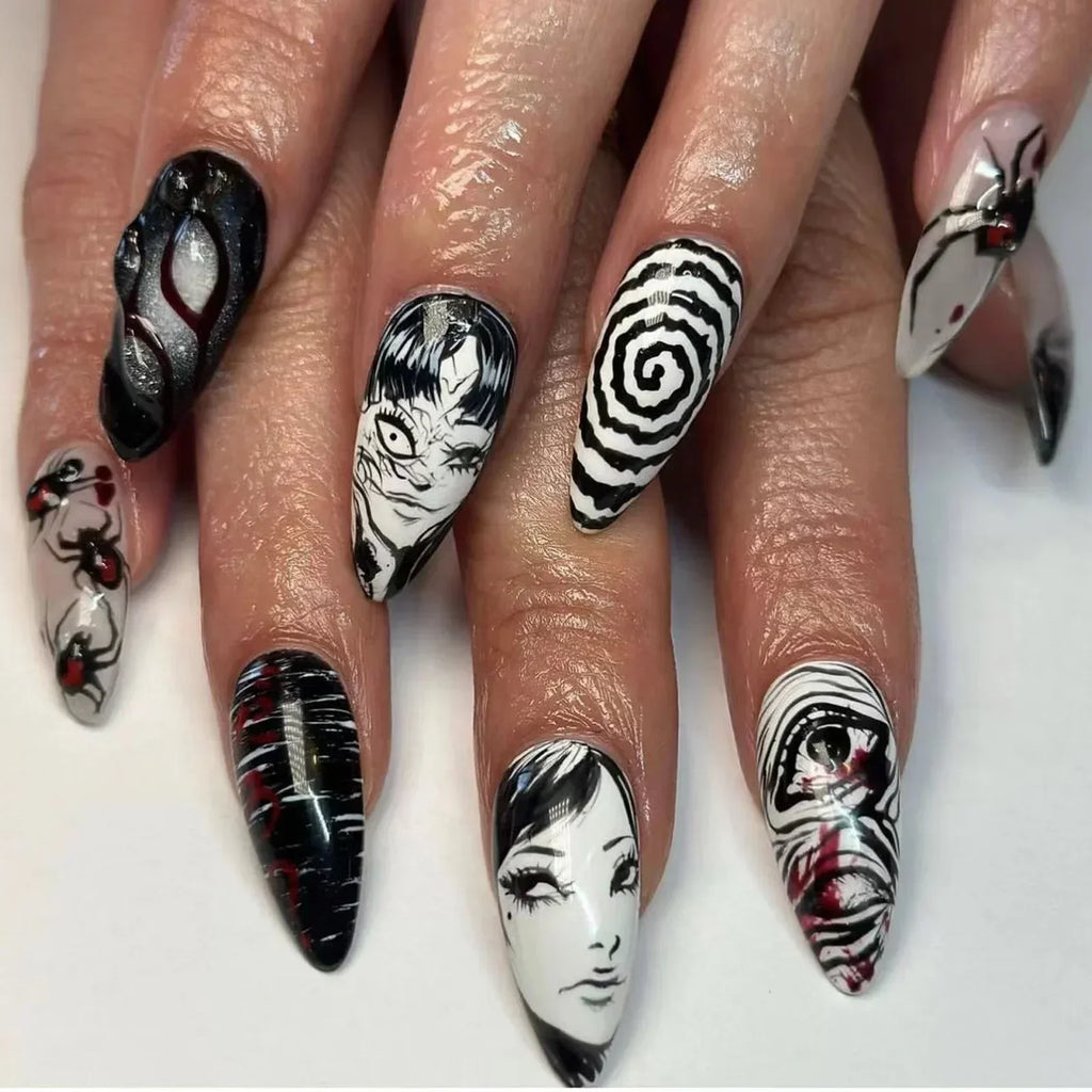 24Pcs Long pointed Halloween False Nails White Irregular Flame Stripes Nail Art Fake Nail Stickers For Women and Girls