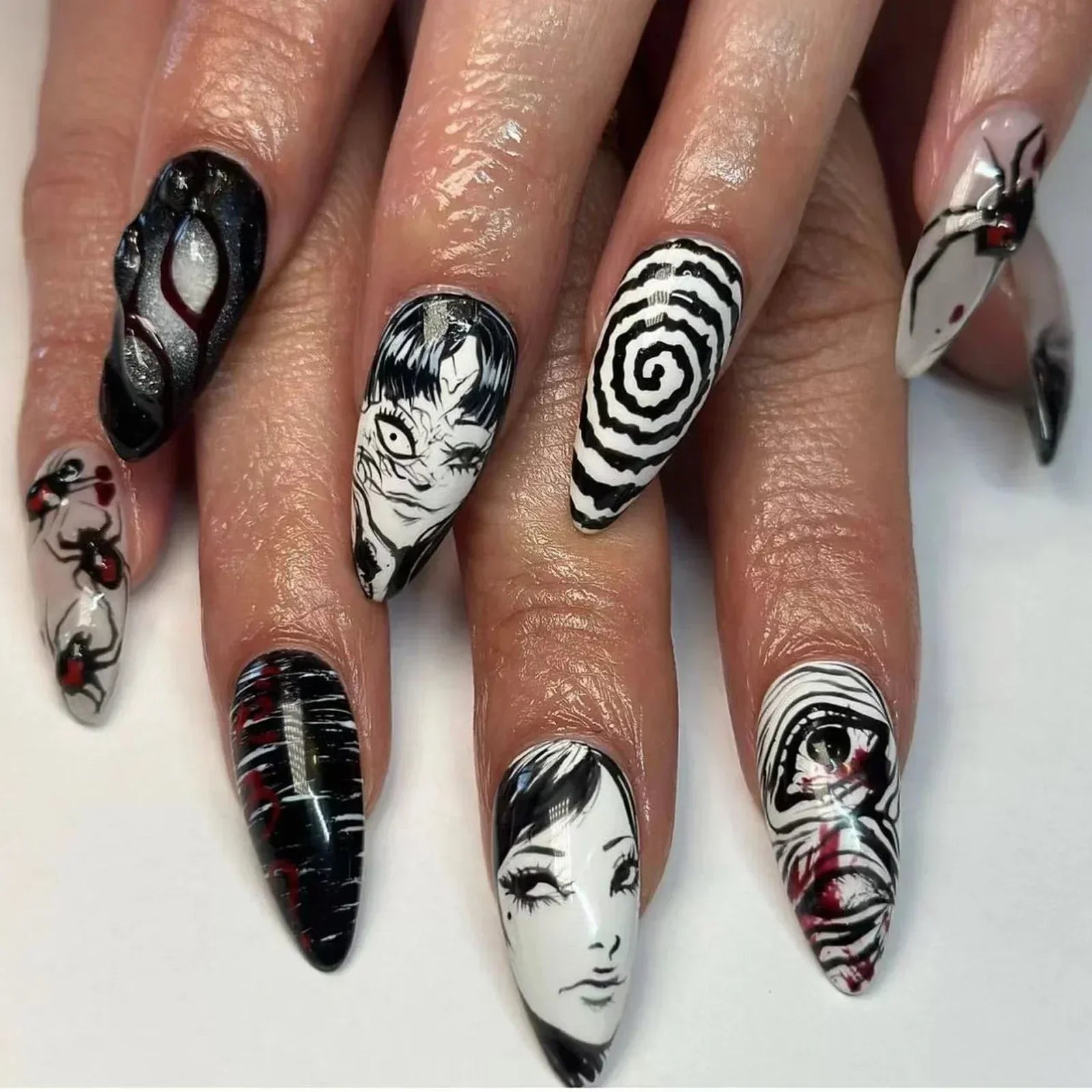 24Pcs Long pointed Halloween False Nails White Irregular Flame Stripes Nail Art Fake Nail Stickers For Women and Girls