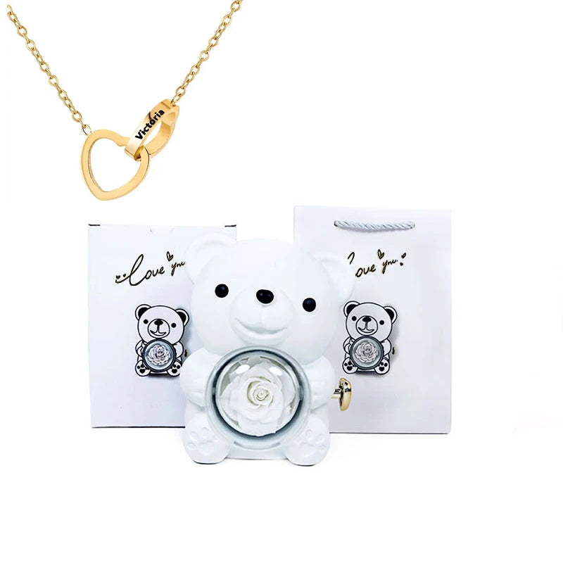 2026 Heart Engraved Name Necklace and Rotating Eternal Rose Flower Hug Bear Jewelry Box Lovely Bear  for Girl/Women