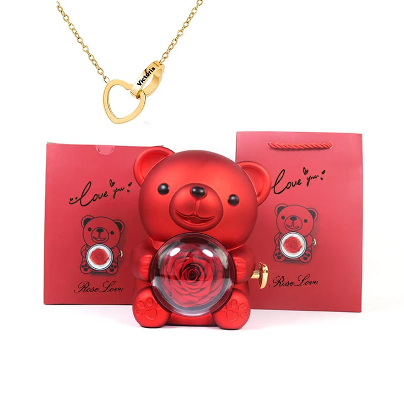 2026 Heart Engraved Name Necklace and Rotating Eternal Rose Flower Hug Bear Jewelry Box Lovely Bear  for Girl/Women