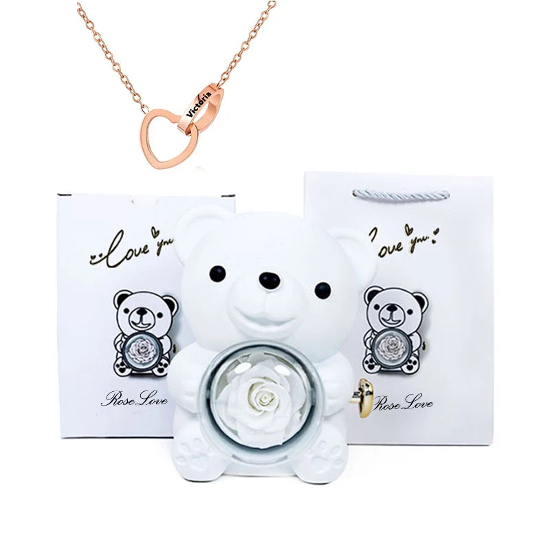 2026 Heart Engraved Name Necklace and Rotating Eternal Rose Flower Hug Bear Jewelry Box Lovely Bear  for Girl/Women