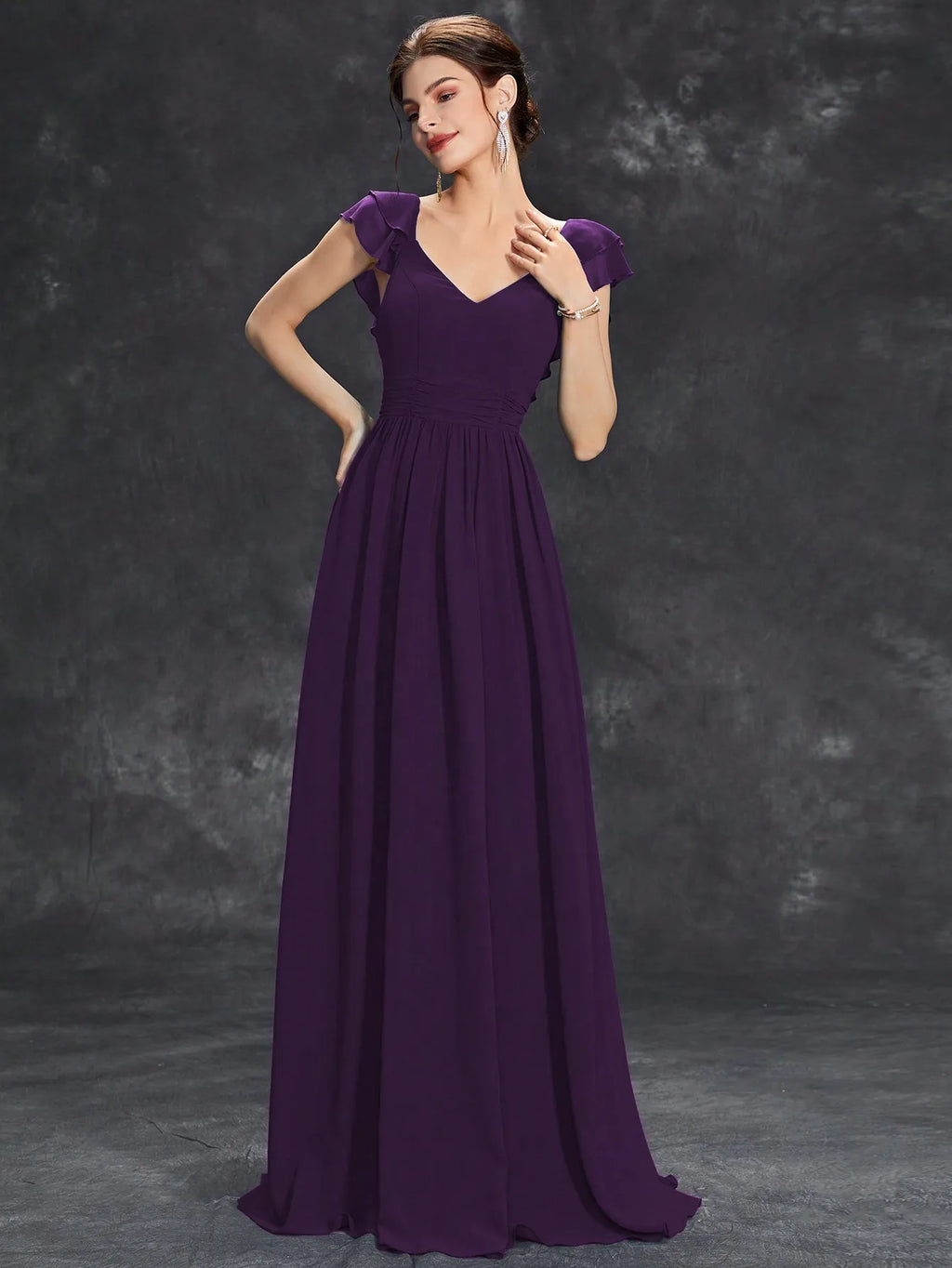 Mgiacy V-neck cap sleeve ruffle lace Extra long evening gown Ball dress Party dress Bridesmaid dress