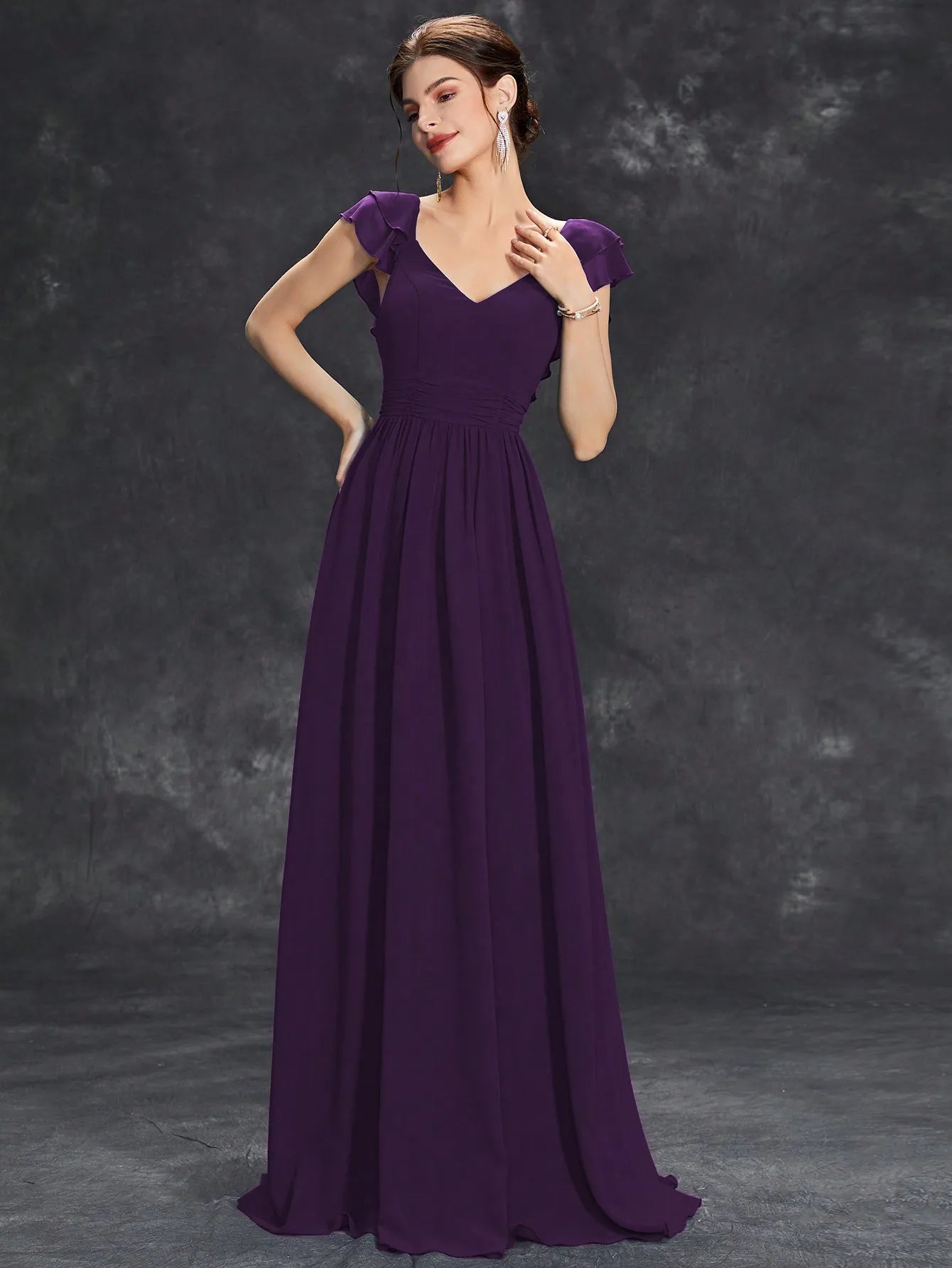 Mgiacy V-neck cap sleeve ruffle lace Extra long evening gown Ball dress Party dress Bridesmaid dress