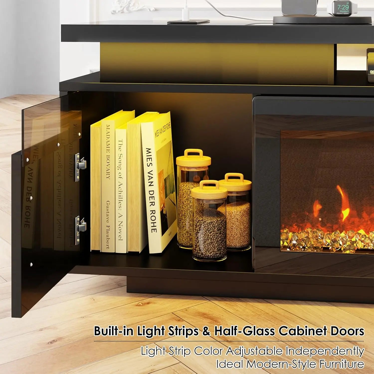 TV Stand with Fireplace, 67in Entertainment Center with Opening Shelves Modern Storage Cabinets and LED Lights, for, Customized