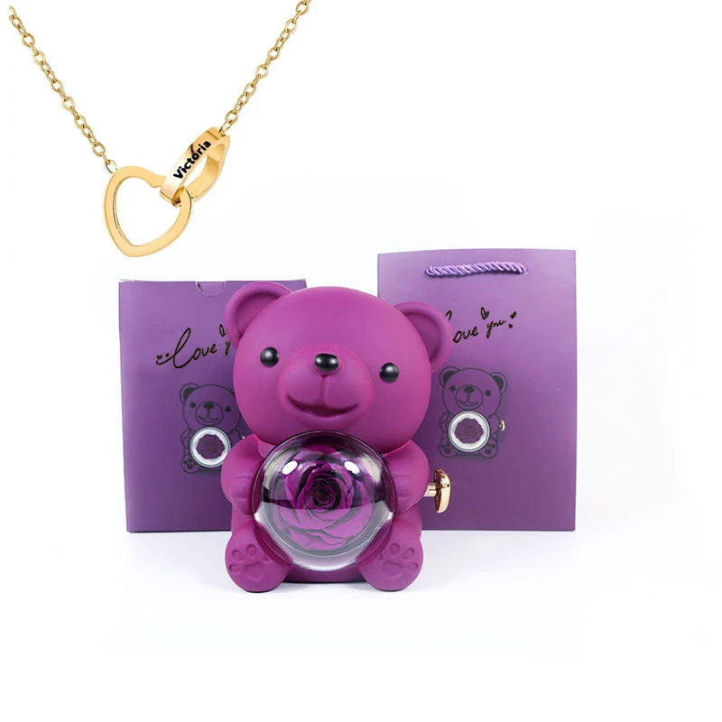 2026 Heart Engraved Name Necklace and Rotating Eternal Rose Flower Hug Bear Jewelry Box Lovely Bear  for Girl/Women