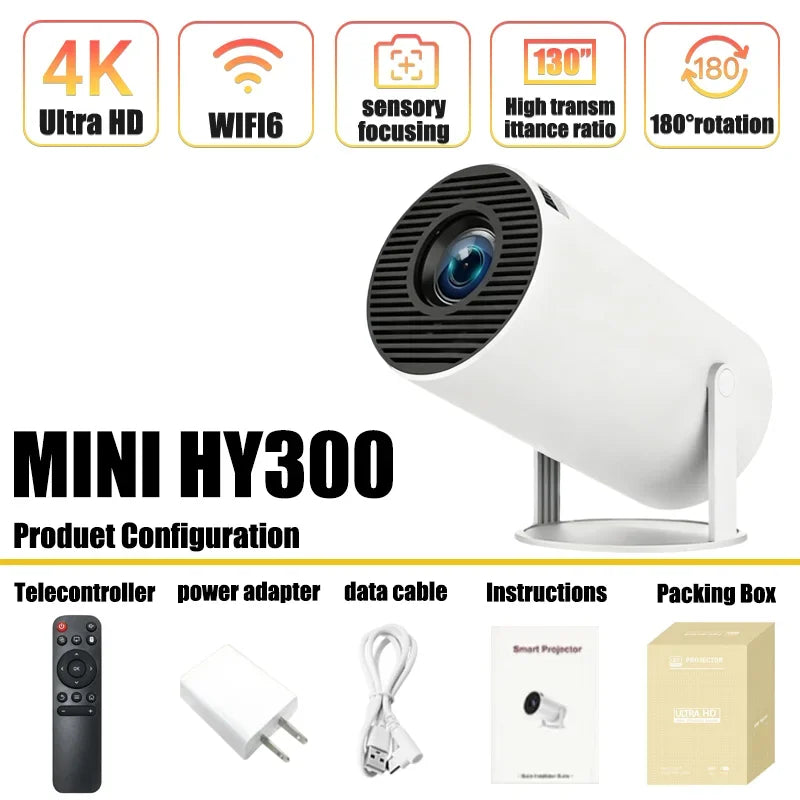 2026 New HY300 Projector with WiFi6 & BT5.0, Portable Beamer 1080P/4K Support Auto Keystone Smart Android Proyector
