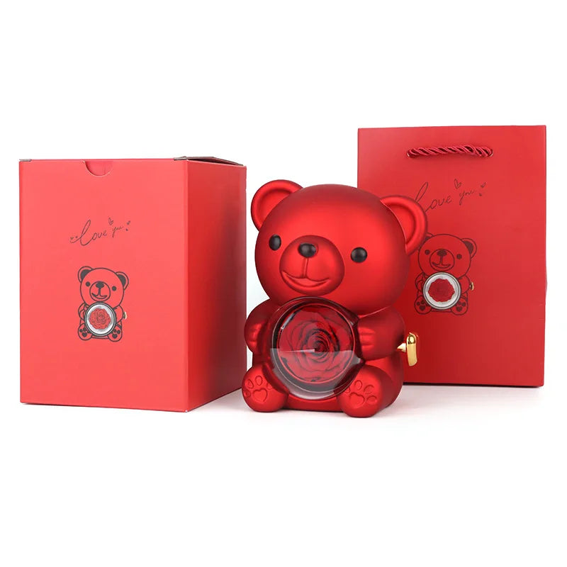 2026 Heart Engraved Name Necklace and Rotating Eternal Rose Flower Hug Bear Jewelry Box Lovely Bear  for Girl/Women