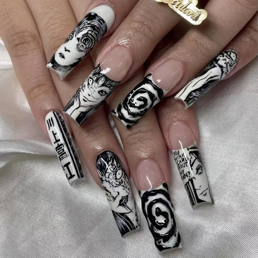24Pcs Long pointed Halloween False Nails White Irregular Flame Stripes Nail Art Fake Nail Stickers For Women and Girls