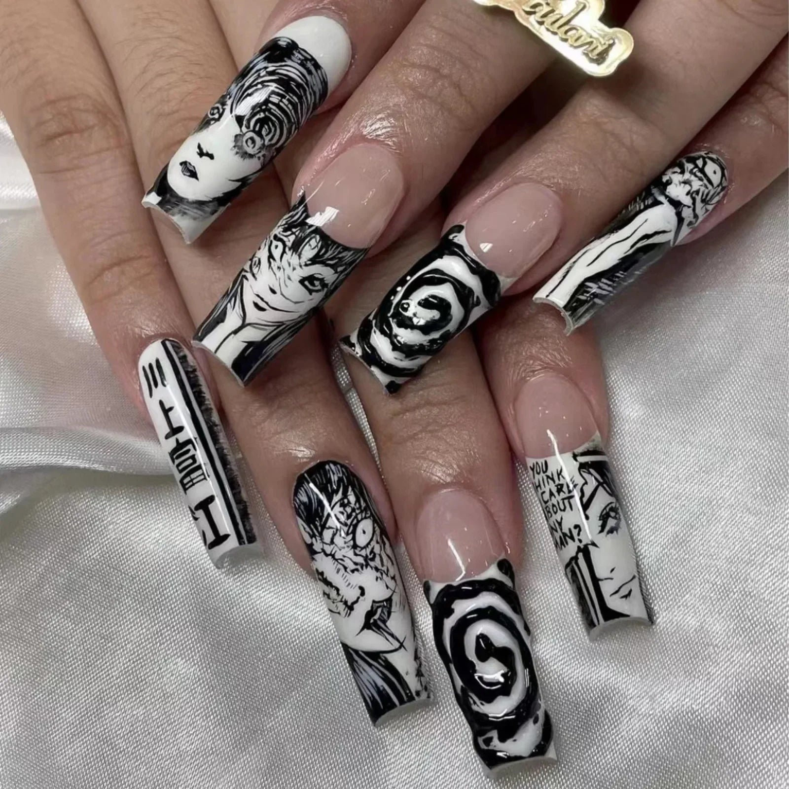 24Pcs Long pointed Halloween False Nails White Irregular Flame Stripes Nail Art Fake Nail Stickers For Women and Girls