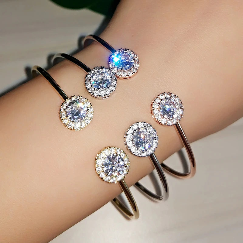 Luxury Geometry Gold Color Cuff Bangles For Women Fashion Cubic Zirconia Bracelets INS Party Everyday Jewlery.