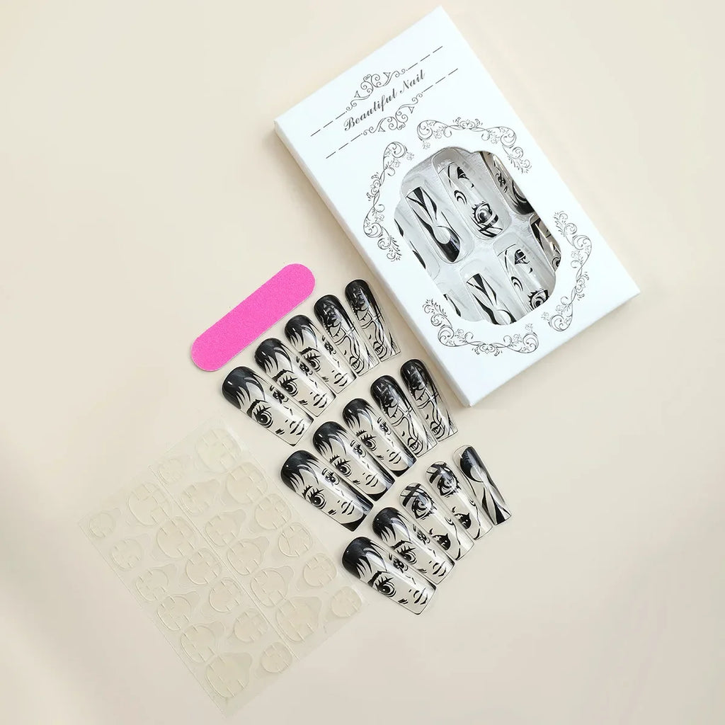 24Pcs Long pointed Halloween False Nails White Irregular Flame Stripes Nail Art Fake Nail Stickers For Women and Girls