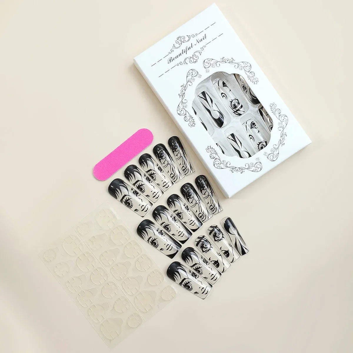 24Pcs Long pointed Halloween False Nails White Irregular Flame Stripes Nail Art Fake Nail Stickers For Women and Girls