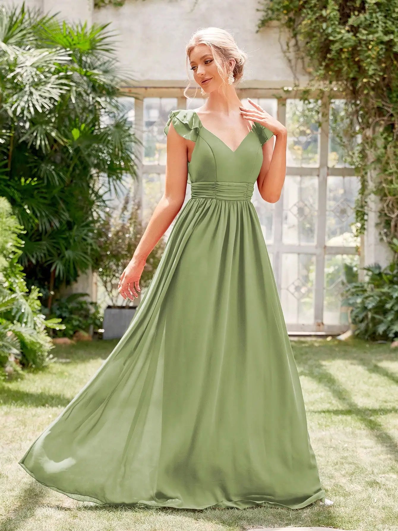 Mgiacy V-neck cap sleeve ruffle lace Extra long evening gown Ball dress Party dress Bridesmaid dress