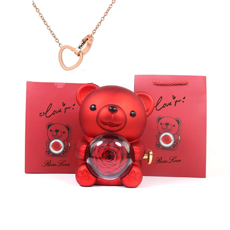2026 Heart Engraved Name Necklace and Rotating Eternal Rose Flower Hug Bear Jewelry Box Lovely Bear  for Girl/Women