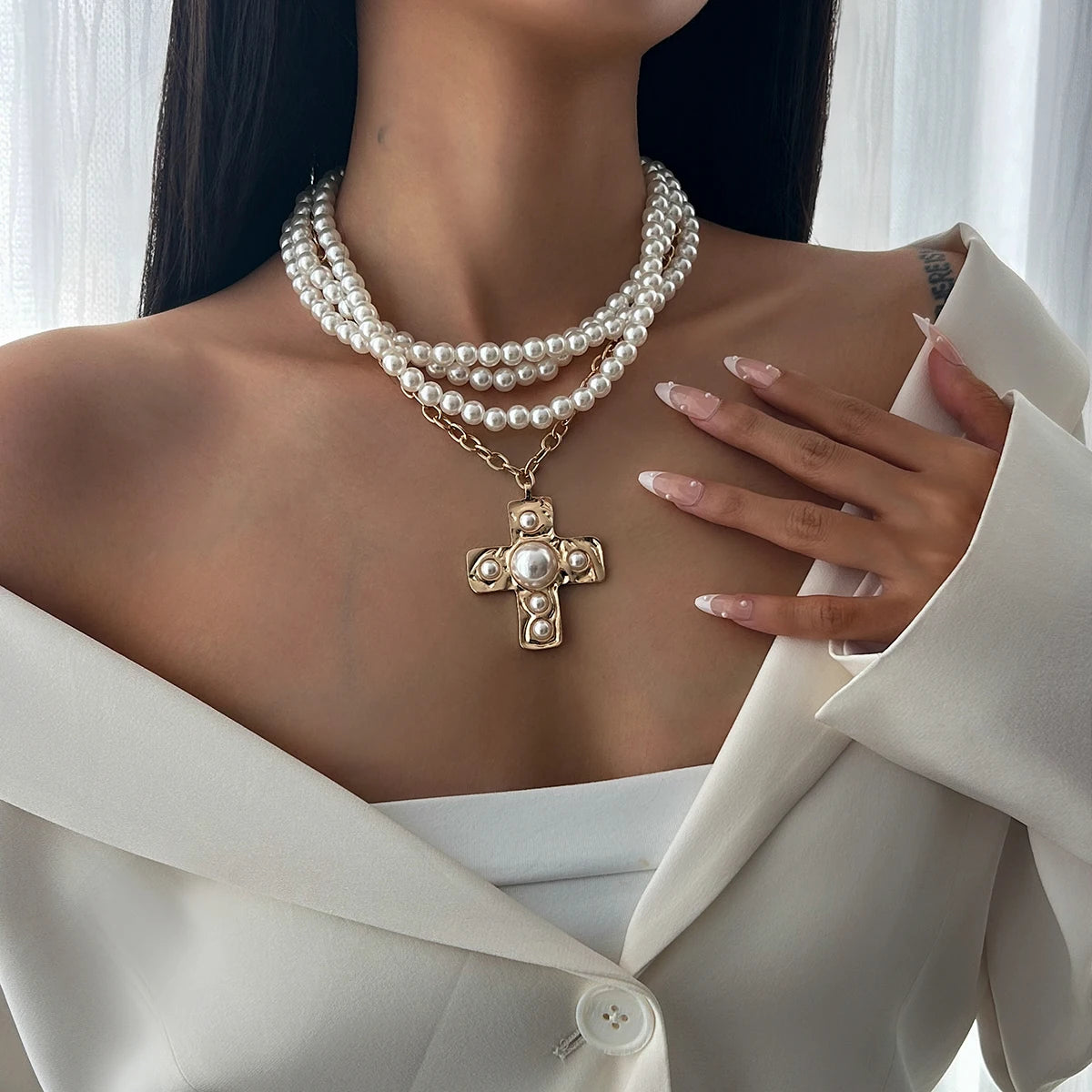 Ingemark Multilayer Imitation Pearl Chain Necklace Women Trendy 2025 Goth Big Jesus Cross Pendant Choker New Year Jewelry Gift