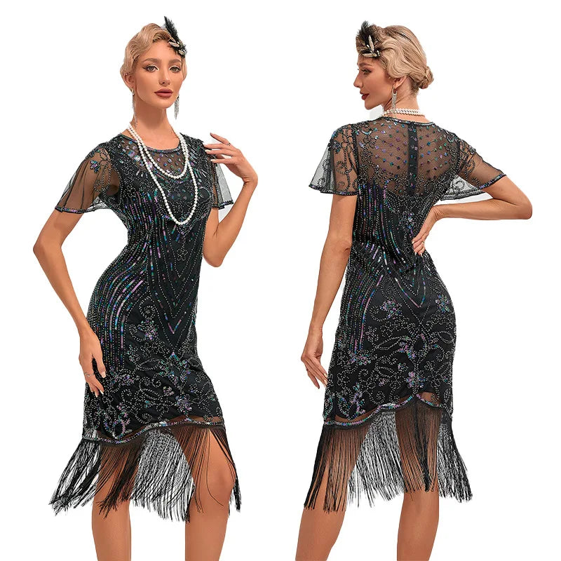 1920s Flapper Dress Plus Size S-4XL Women's Fashion Vintage Great Gatsby Color Sequin Tassel 20s Party Dress Women Mesh Costume