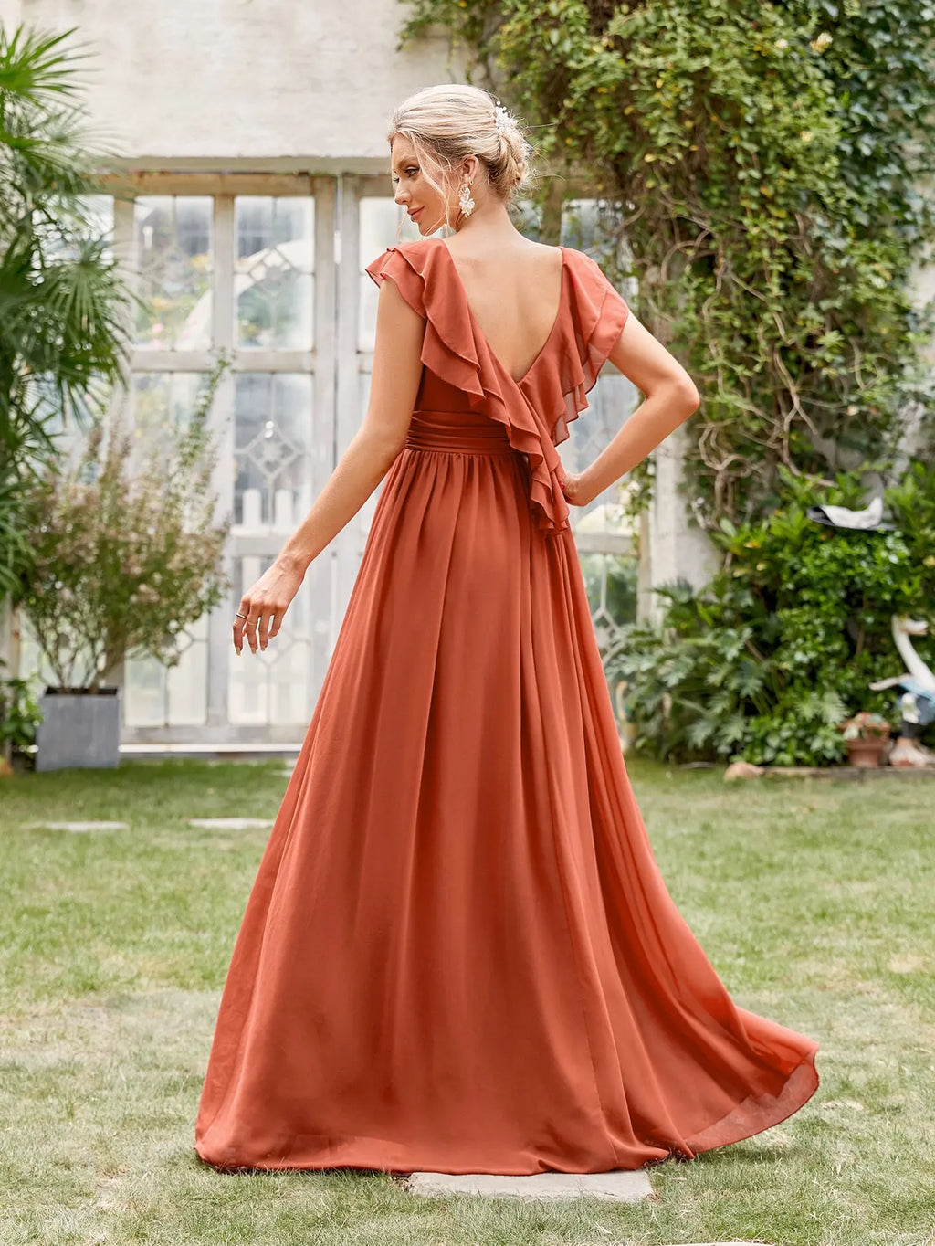Mgiacy V-neck cap sleeve ruffle lace Extra long evening gown Ball dress Party dress Bridesmaid dress