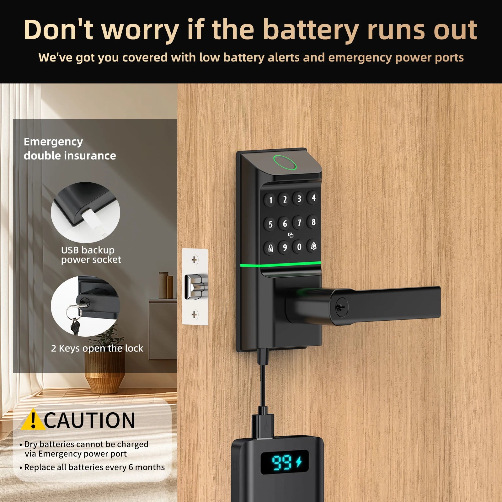 Viladepot Smart Lock Fingerprint Door Lock TYPE-C Interface App Control Passcode Unlock Electronic Touchscreen Keypad Handle