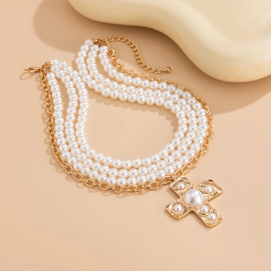 Ingemark Multilayer Imitation Pearl Chain Necklace Women Trendy 2025 Goth Big Jesus Cross Pendant Choker New Year Jewelry Gift