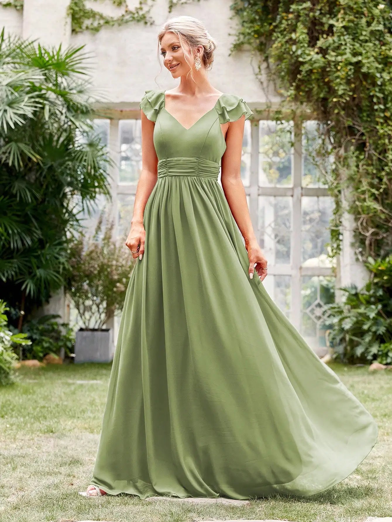 Mgiacy V-neck cap sleeve ruffle lace Extra long evening gown Ball dress Party dress Bridesmaid dress