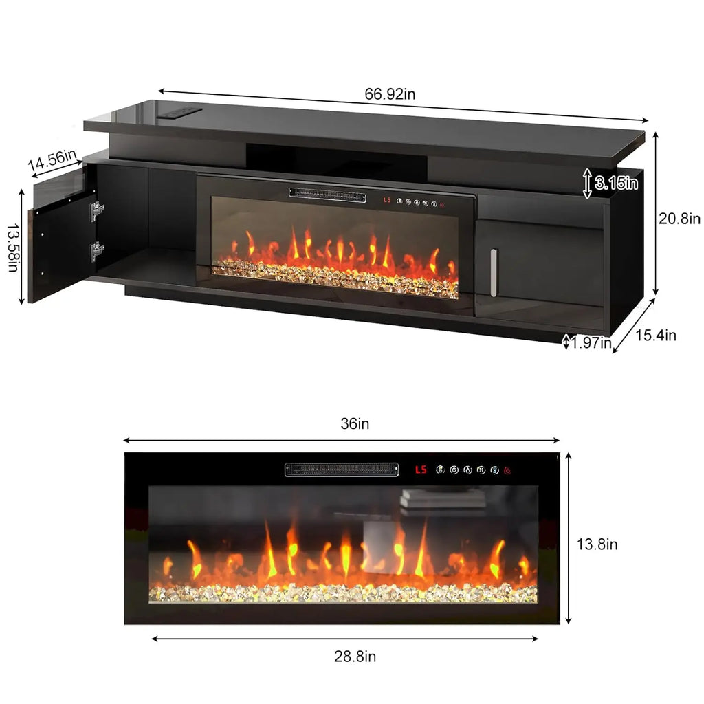 TV Stand with Fireplace, 67in Entertainment Center with Opening Shelves Modern Storage Cabinets and LED Lights, for, Customized