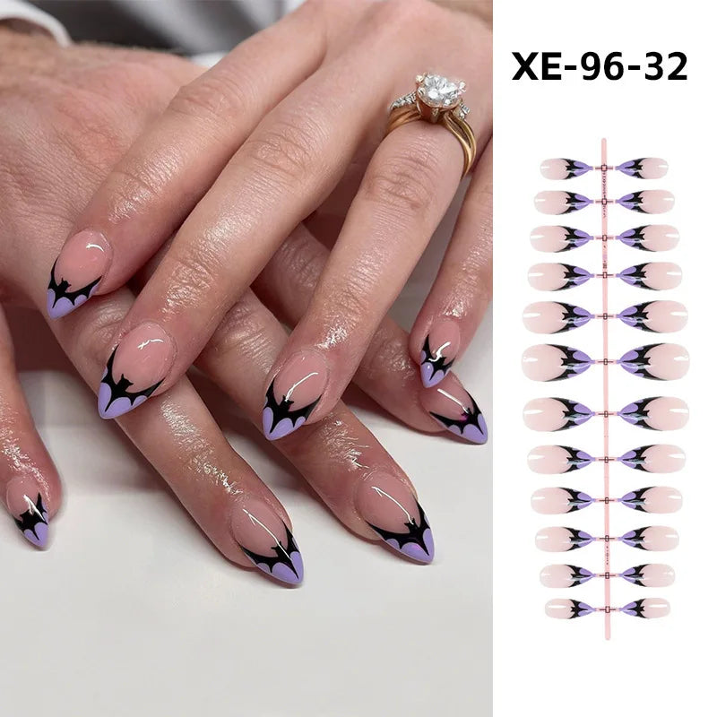 24pcs Blood Drop French Nails Set Almond Glossy Bat Decor Fake Nail Halloween Scary Punk Style Wearable Women Press False Nails