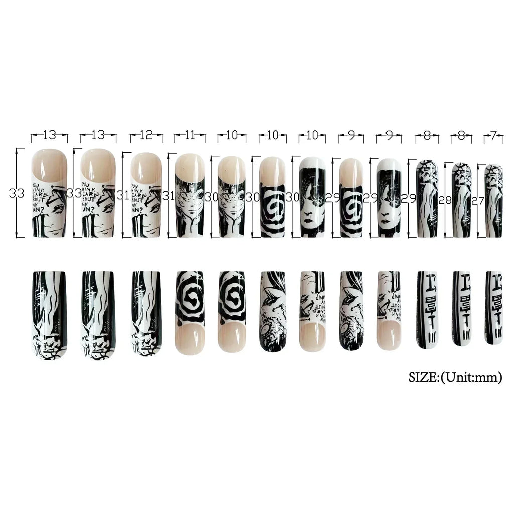 24Pcs Long pointed Halloween False Nails White Irregular Flame Stripes Nail Art Fake Nail Stickers For Women and Girls