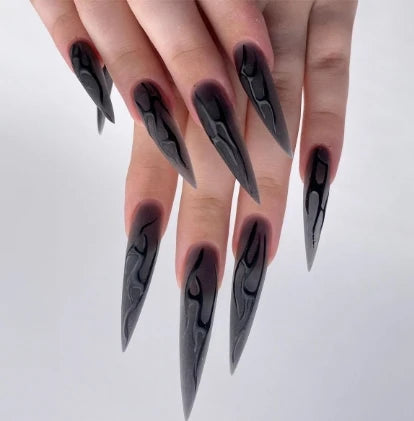 24Pcs Long pointed Halloween False Nails White Irregular Flame Stripes Nail Art Fake Nail Stickers For Women and Girls