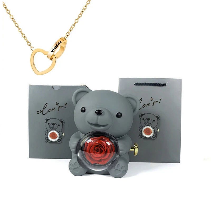 2026 Heart Engraved Name Necklace and Rotating Eternal Rose Flower Hug Bear Jewelry Box Lovely Bear  for Girl/Women