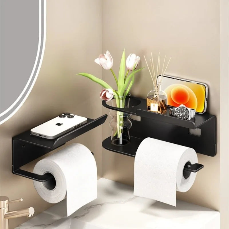 Wall-Mounted Bathroom Toilet Paper Holder with Roll Dispenser and Storage Shelf – Space-Saving Organizer for Home Restroom