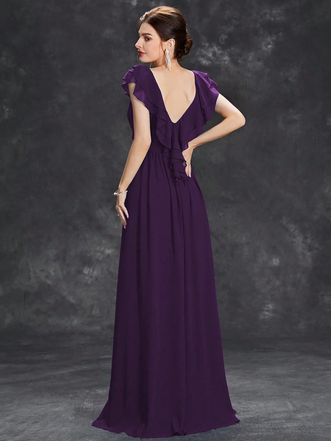 Mgiacy V-neck cap sleeve ruffle lace Extra long evening gown Ball dress Party dress Bridesmaid dress
