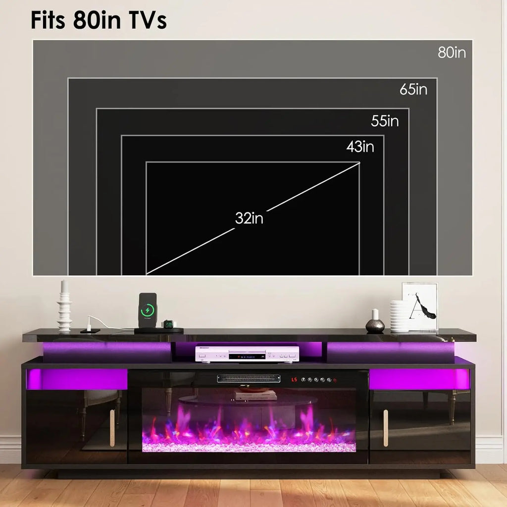 TV Stand with Fireplace, 67in Entertainment Center with Opening Shelves Modern Storage Cabinets and LED Lights, for, Customized