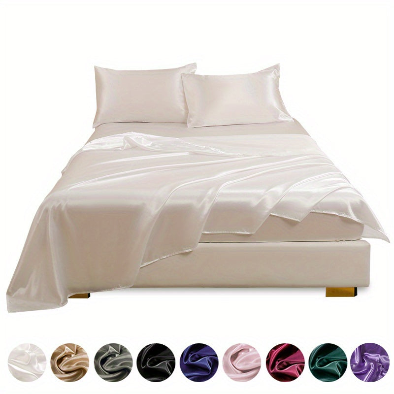 4pcs Satin Bed Sheet Four-Piece Set Includes One Fitted Sheet, One Flat Sheet, And Two Pillowcases. Pillowcases Do Not Include Inserts. Solid Colors Showcase Simple Elegance. The Simple Style Is Classic And Timeless. Polyeste
