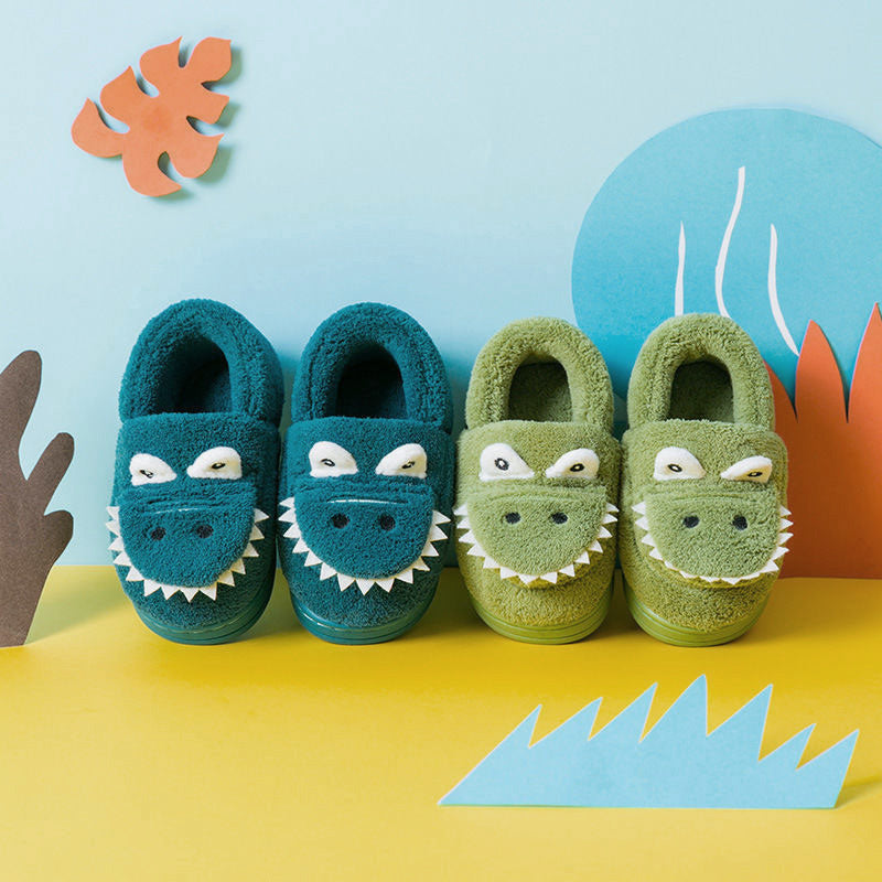 Boys' Cartoon Slippers with Lining, Warm and Non-Slip Soft Sole Indoor Slippers for Autumn and Winter