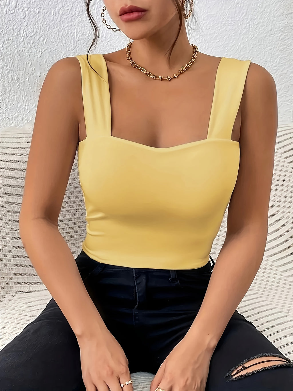 Women's Basic Solid Crop Tank Top, Casual Stretchy Sleeveless Tank Top, Casual Every Day Tops, Women's Clothing