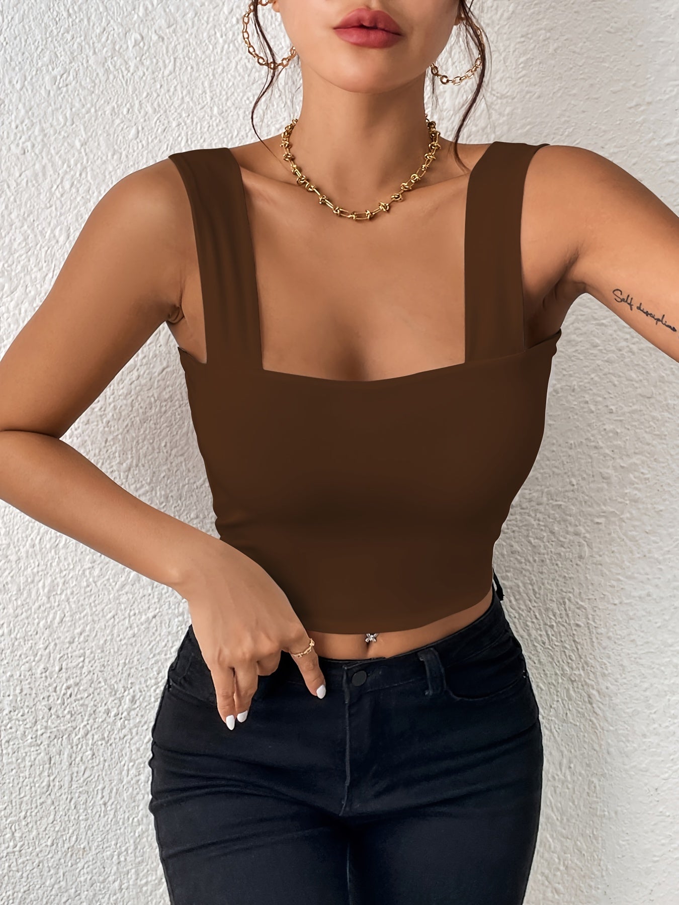 Women's Basic Solid Crop Tank Top, Casual Stretchy Sleeveless Tank Top, Casual Every Day Tops, Women's Clothing