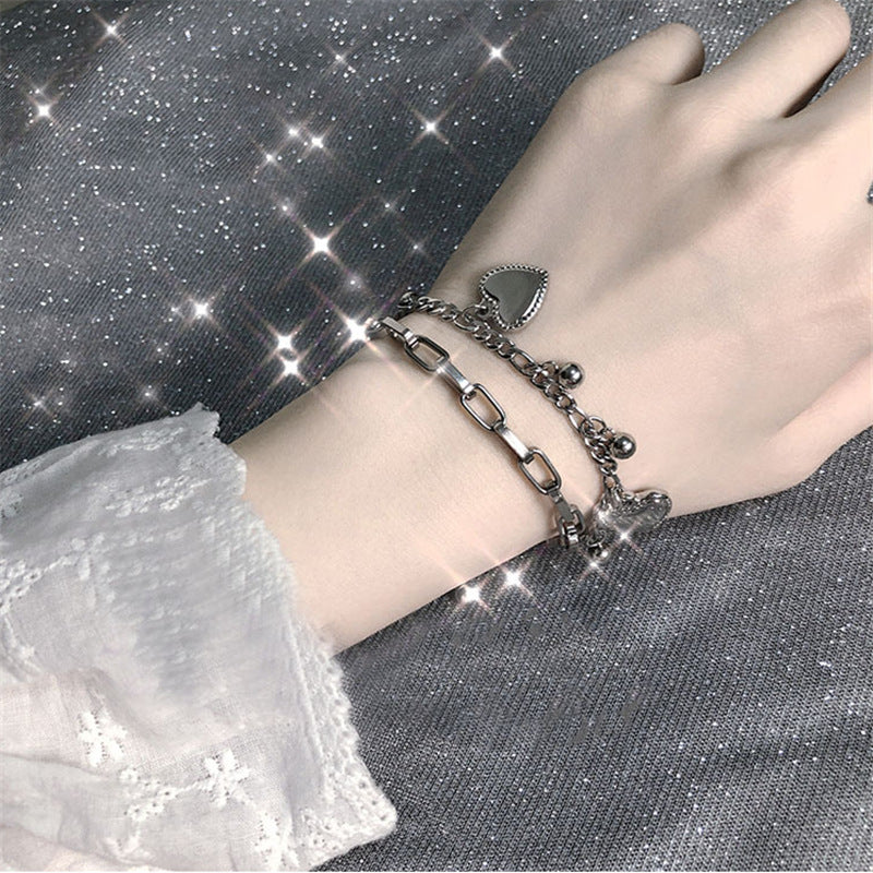 Women's Elegant Stainless Steel Double Layer Bracelet - Punk Style Silver Color, Durable & Hypoallergenic - All Season Essentials | Stylish Party Ornament | Hand Decoration