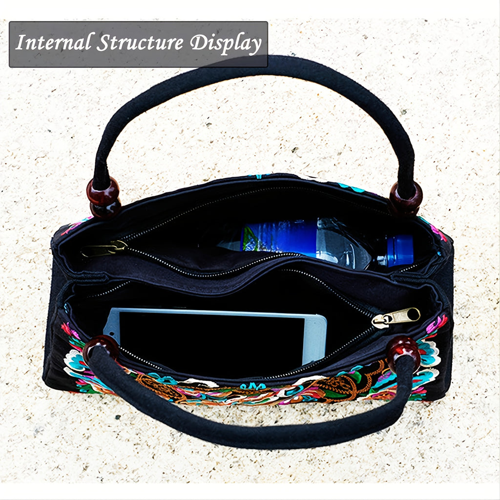 Embroidered Handbag, Double Zipper Bag, Women's Printed Handbag