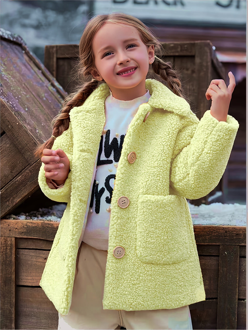 [Lamb Fur Jacket] Girls' Lamb Fur Jacket | JOMAKE Korean-Style Lapel Collar, Two-Tone, Warm Windbreaker with Pockets, Lining, Button Closure, Long Sleeves for Winter
