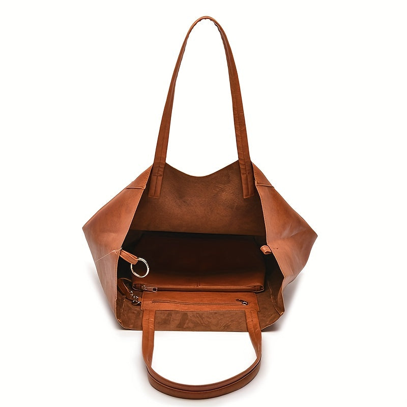 Retro Solid Color, Vintage, Large Capacity Handbag with Inner Bag