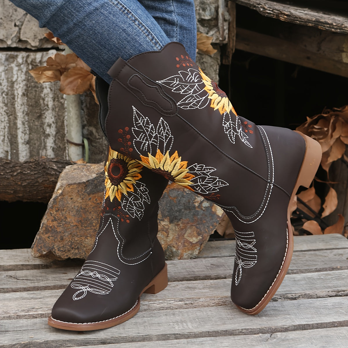 [Mid Calf Embroidered Western Boots] Women's Embroidered Mid Calf Western Boots, Faux Leather Fashion Boots, Women's Footwear