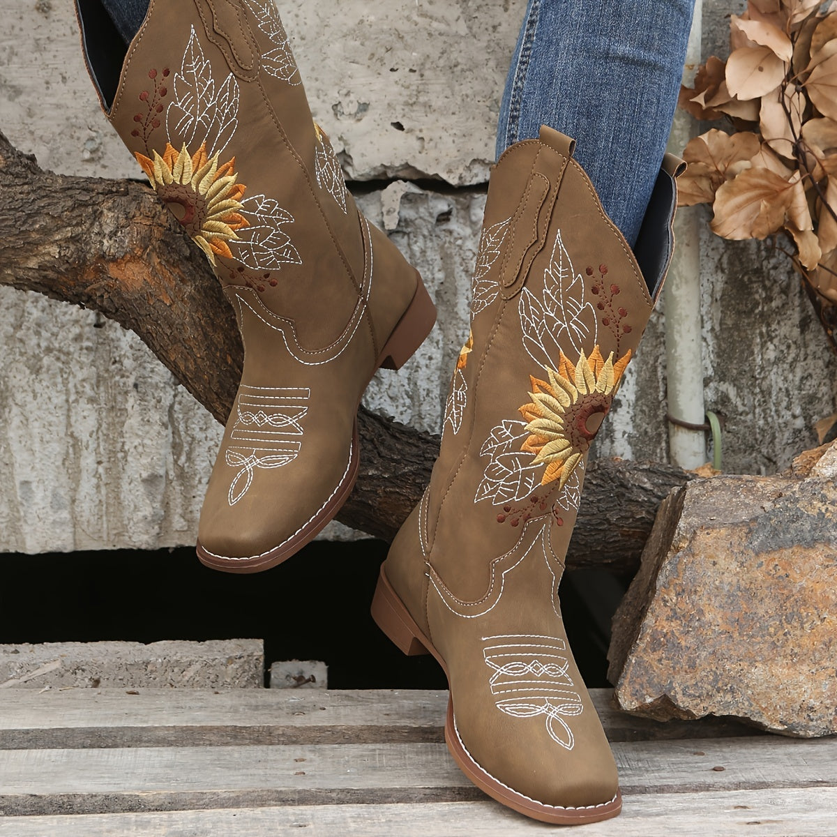 [Mid Calf Embroidered Western Boots] Women's Embroidered Mid Calf Western Boots, Faux Leather Fashion Boots, Women's Footwear