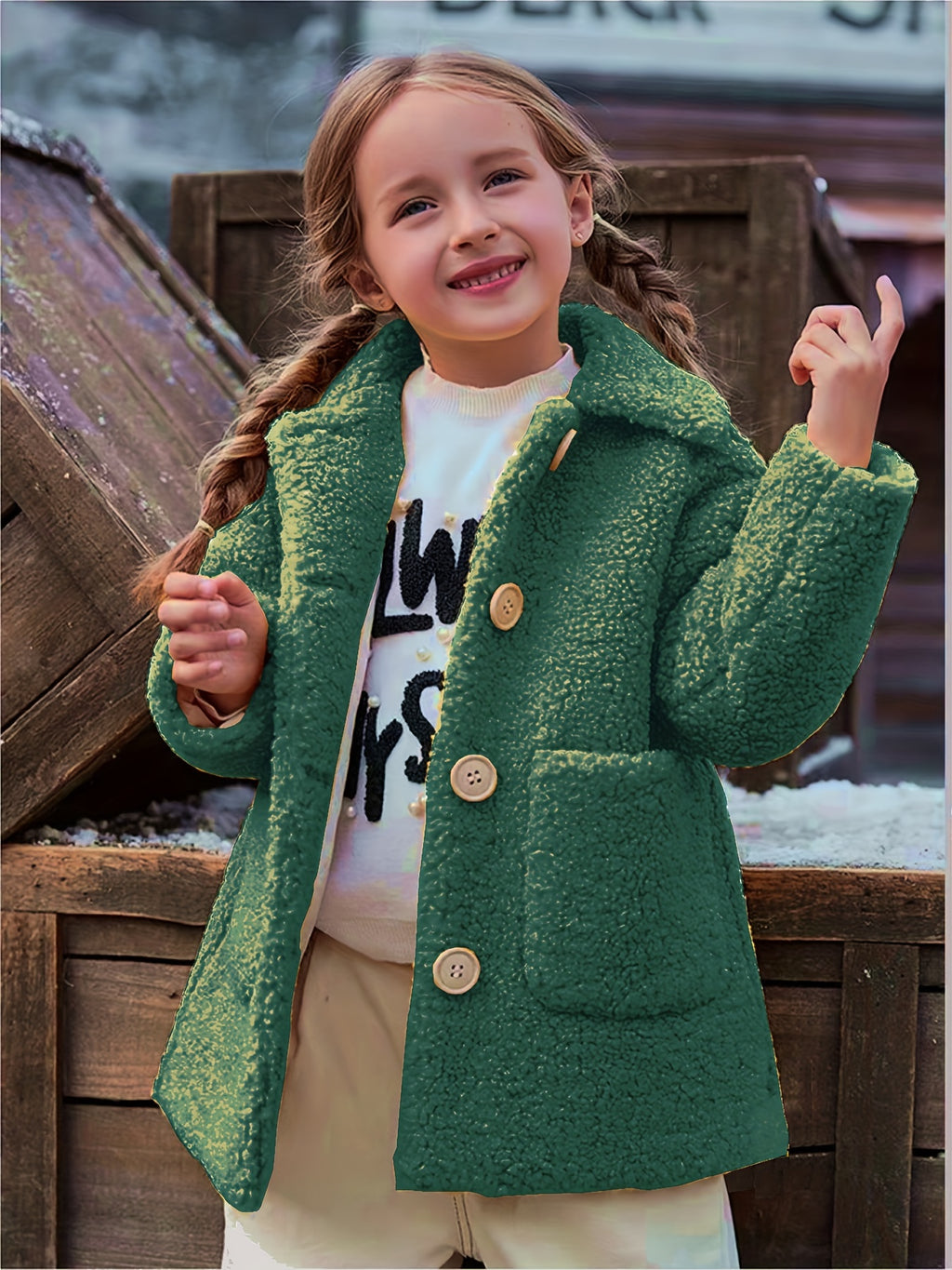 [Lamb Fur Jacket] Girls' Lamb Fur Jacket | JOMAKE Korean-Style Lapel Collar, Two-Tone, Warm Windbreaker with Pockets, Lining, Button Closure, Long Sleeves for Winter